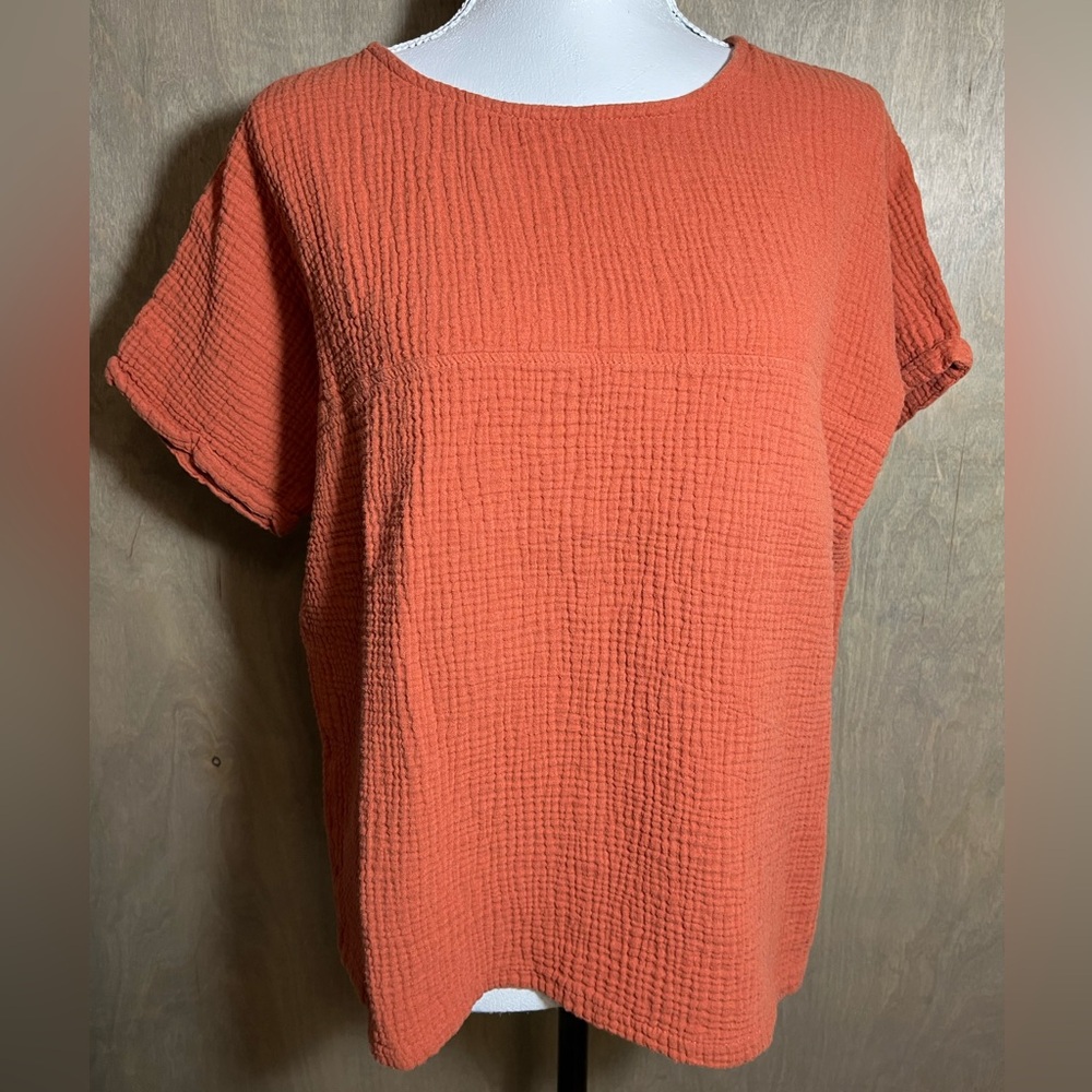 Vintage Cotton Linen Round Collar Rust Red Boxy Top  M